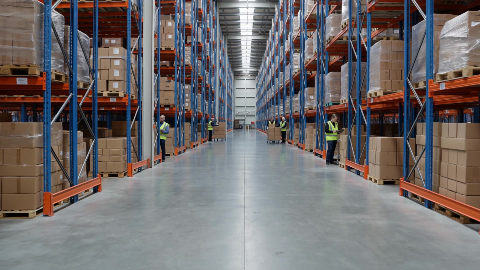 A large working warehouse with tall storage racks and people preparing orders