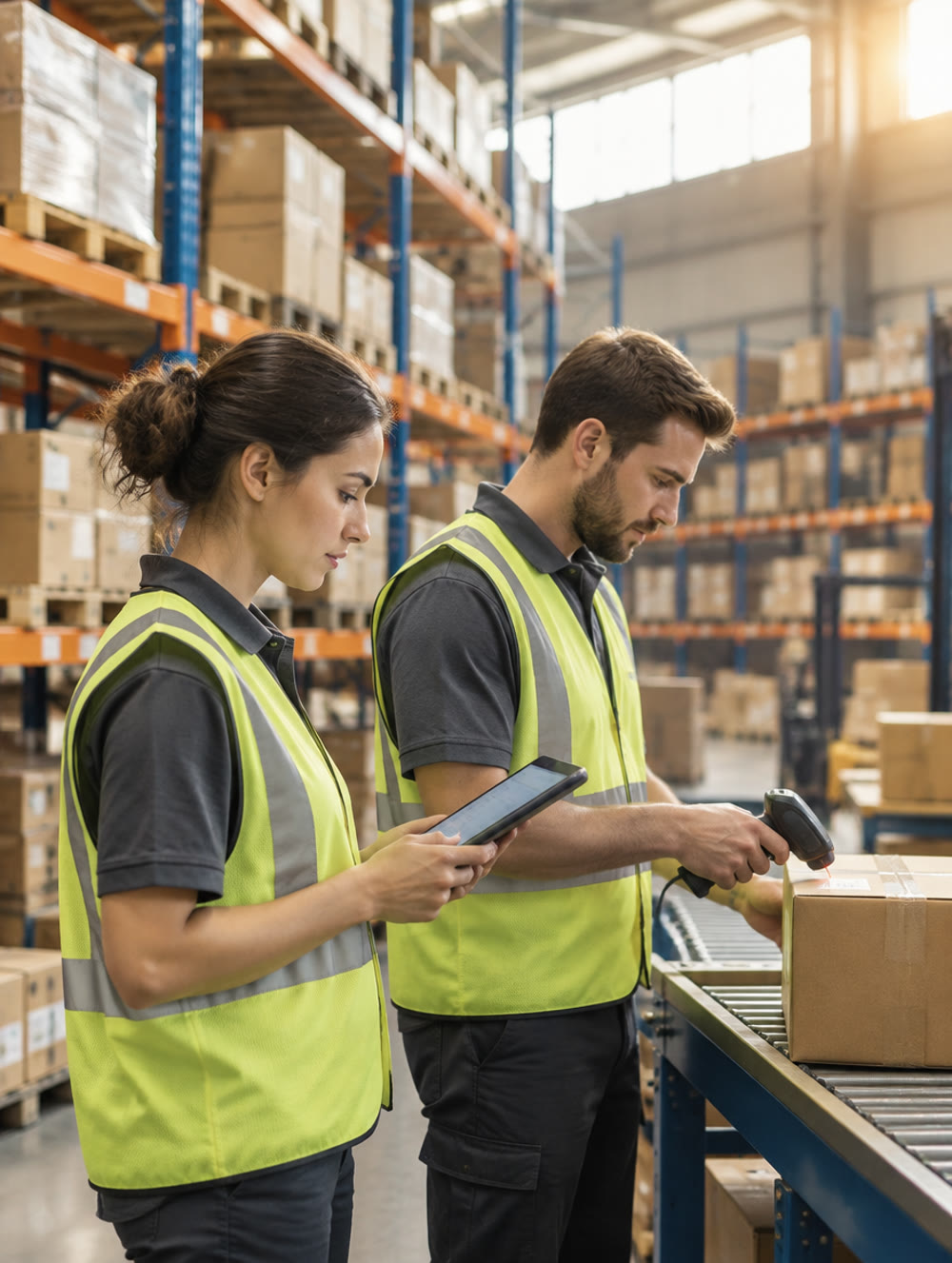 Two warehouse colleagues checking a tablet and scanning a parcel