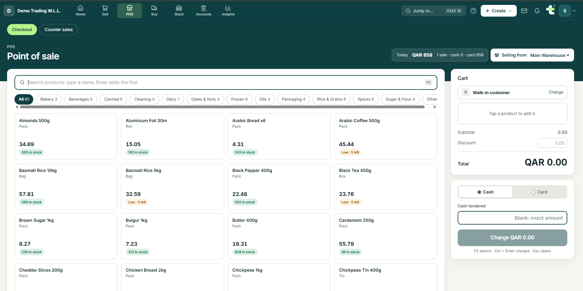 Tadaro Point of sale: search and category filters above product cards, stock quantities and QAR prices, with a customer cart and Cash or Card checkout on the right.